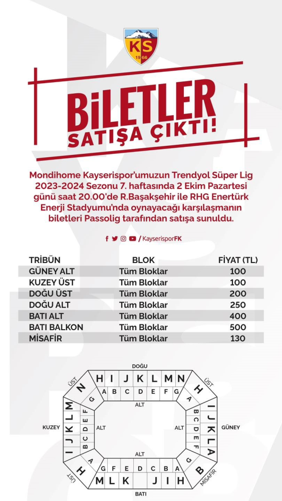 Kayserispor Başakşehir maçının bilet fiyatları belli oldu
